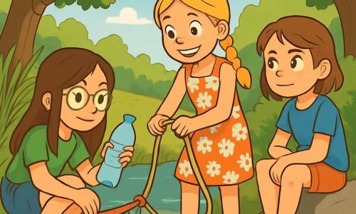 Trois personnages sont présents : Alice, 10 ans, avec de longs cheveux bruns et des lunettes rondes, accroupie près de la rivière avec une bouteille en plastique ; Léa, 11 ans, avec des cheveux blonds tressés, debout en train de nouer une corde pour un filet flottant ; et Sarah, 10 ans, avec des cheveux châtains et des taches de rousseur, assise sur un rocher, observant ses amies. L'action se déroule au bord d'une rivière entourée de verdure, où les amies travaillent ensemble pour installer un filet flottant afin de capturer les déchets, montrant leur concentration et leur enthousiasme pour protéger leur environnement.