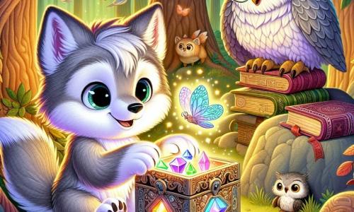Au centre de l'image, un petit loup nommé Lumi, avec une fourrure douce et grisâtre, regarde avec des yeux brillants. Il est assis sur une pierre, tenant une boîte magique en métal et pierres précieuses, curieux et émerveillé. À côté de lui, un vieux hibou sage, Grand-Œil, avec des plumes blanches et grises et des lunettes rondes, l'observe avec un sourire. En arrière-plan, la forêt chantante présente des arbres colorés et des feuilles vibrantes, tandis que des fleurs lumineuses et des animaux ajoutent de la vie à la scène. Lumi découvre le Modulomag, une boîte magique, tandis que Grand-Œil lui explique son pouvoir, créant une atmosphère d'aventure et de mystère.
