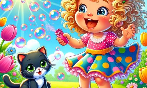 Zozo, une petite fille aux cheveux bouclés et dorés, est debout dans un jardin ensoleillé, rayonnante de joie. Elle porte une robe à pois colorés et des sandales roses, éternuant avec un grand sourire, laissant échapper des bulles roses qui flottent autour d'elle. Son chat noir aux yeux verts, surpris, regarde les bulles avec curiosité, assis sur l'herbe. En arrière-plan, des fleurs éclatantes de couleurs vives dansent sous la brise légère. La scène montre Zozo riant alors que des bulles s'échappent de son nez, créant une atmosphère joyeuse et ludique.