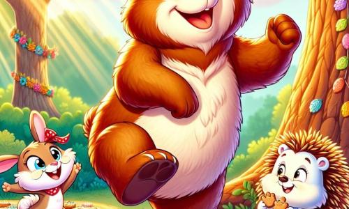 Un ourson nommé Grizzou, avec une fourrure brune et des yeux pétillants, danse sous un grand chêne, souriant. Il porte un foulard rouge. À côté, Lili la lapine, avec son pelage blanc et de grandes oreilles, saute de joie en accrochant une guirlande de fleurs. Max le hérisson, timide, prépare des biscuits en forme d'ours sur une petite table. La scène se déroule dans une forêt enchantée, illuminée par le soleil, où les amis se réunissent pour célébrer la fête des pères. Grizzou et ses amis organisent une fête surprise, dansant et riant ensemble, entourés de décorations colorées.