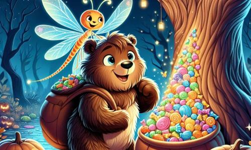 Barnabé, un ours brun au pelage ébouriffé et au sourire espiègle, se tient au centre de la scène, les yeux pétillants d'excitation alors qu'il remplit un grand sac à dos de bonbons colorés sous un arbre majestueux chargé de sucreries scintillantes. À ses côtés, Lumi, une luciole brillante, vole joyeusement autour de lui, illuminant la scène de sa lumière douce. En arrière-plan, la forêt enchantée s'étend, avec des arbres noueux et des feuilles dorées, tandis que des citrouilles souriantes éclairent le chemin, créant une atmosphère magique et festive. Barnabé, ravi et déterminé, récolte des bonbons dans l'Arbre aux Bonbons, entouré d'une ambiance d'Halloween joyeuse et mystérieuse.