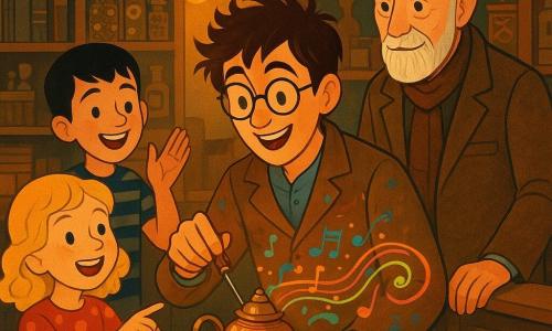 Timothée, jeune et émerveillé, cheveux châtain foncé en bataille et lunettes rondes, veste d’atelier tachée de peinture, tient une petite lampe en cuivre qui diffuse des notes musicales visibles comme éclats colorés ; penché sur son prototype, il tourne un tournevis en souriant. À droite, Louis, environ 70 ans, barbe blanche courte, veste en tweed et écharpe, observe avec bienveillance, une main posée sur le banc de travail. À l’avant-plan gauche, une fillette blonde aux boucles, environ 7 ans, en robe à pois, pointe la lampe, bouche ouverte de joie ; derrière elle, un garçon d’environ 9 ans, cheveux noirs courts et t-shirt rayé, applaudit. L’atelier chaleureux et encombré présente grandes tables en bois patiné, étagères remplis de livres et bocaux de vis et rouages en laiton, ampoules à filament suspendues, plans accrochés et sol en carrelage ancien avec tapis usé. Scène conviviale : la lampe n’éclaire pas mais émet une douce mélodie visible en volutes colorées, atmosphère d’entraide, lumières dorées et textures de cuivre et bois, expressions de curiosité et fierté partagée.