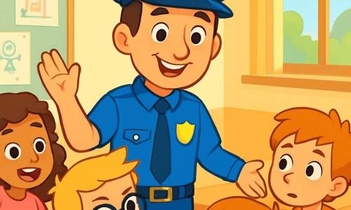 Un policier souriant, en uniforme bleu et casquette assortie, se tient au centre, les bras ouverts pour inviter des enfants à l'aider. Plusieurs enfants d'environ 8 ans l'entourent, dont une fille aux cheveux bouclés et un garçon aux lunettes, tous deux attentifs. La scène se déroule dans une salle de classe lumineuse avec des dessins d'enfants et des tables en bois. Le policier leur explique qu'il a perdu sa casquette et qu'ils doivent enquêter ensemble. Les enfants, enthousiastes, se regroupent autour de lui, prêts à résoudre le mystère.