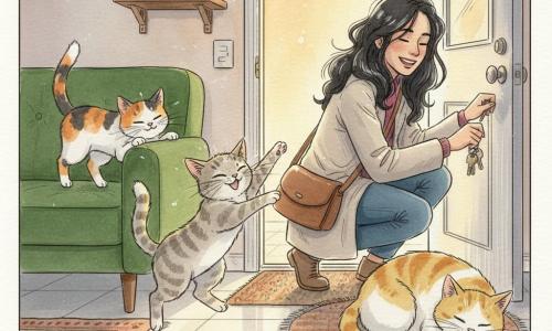Bijou, chatte femelle gris clair tigré avec petite tâche blanche au poitrail, yeux verts brillants et queue dressée, bondit sur ses pattes arrière pour sauter sur les genoux de sa « Maman » tandis que Gaïa, chatte tricolore espiègle, se cache partiellement derrière le canapé et Nounousss, gros matou jaune et blanc, somnole sur le paillasson; la Maman d'environ 35 ans, cheveux noirs en désordre, manteau léger et sac en bandoulière, ouvre la porte souriante, clés en main, dans une entrée chaleureuse au carrelage clair, tapis à motifs, canapé en velours vert, petite plante et lumière du soir dorée — moment d’accueil tendre et animé, ambiance pastel chaude avec textures marquées et reflets soulignés.
