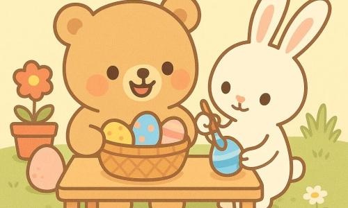 Un petit ours en peluche Léo, corpulent et caramel, souriant, tient un panier d’œufs colorés tandis qu’une fine lapine blanche Lila aux longues oreilles roses peint un œuf bleu à côté de lui ; en arrière-plan un œuf rose est à moitié caché derrière un pot de fleurs rouge et un autre flotte dans une petite bassine d’eau, le jardin est simple et lumineux avec pelouse, marguerites et pots colorés sous un ciel pastel jaune, la scène montre une chasse aux œufs calme et joyeuse avec motifs simples (étoiles, points, bandes), gestes doux, composition centrée, formes arrondies, couleurs pastel contrastées, lumière matinale douce, rendu plat et épuré, contours nets et peu d’éléments pour tout-petits.