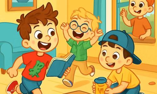 Quatre enfants sont en train de chasser une mouche dans un salon coloré. Édouard, 6 ans, a des cheveux bruns en bataille et porte un t-shirt rouge avec un dinosaure. Léo, également 6 ans, a des cheveux blonds et des lunettes rondes, vêtu d'une chemise à carreaux verts. Max, avec des cheveux noirs et une casquette bleue, est accroupi avec un pot de miel. Hugo, aux cheveux roux et taches de rousseur, observe la mouche près de la fenêtre. Le salon est chaleureux, avec des murs jaunes et des meubles en bois clair, rempli de livres et de jouets. Les enfants rient et courent, créant une ambiance joyeuse.