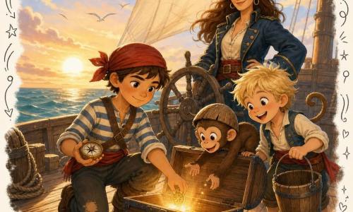 Milo, un garçon pirate d'environ 10 ans, déterminé et calme, pose la dernière pièce brillante dans un coffre en bois qui émet une lueur douce sur le pont usé du petit navire L'Étoile Salée au coucher du soleil; la capitaine Brune, grande et rassurante en tricorne noir et manteau bleu, sourit près du gouvernail, Nino, un garçon d'environ 8 ans, malicieux, tient un seau à côté du coffre pendant qu'un petit singe coiffé d'une demi-noix de coco tend la patte, l'équipage regarde avec confiance dans une ambiance aventureuse, chaleureuse et sécurisante.