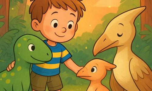 Lucas, 4 ans, cheveux châtain clair en bataille, t-shirt rayé bleu et jaune et short kaki, tend la main vers un petit ptérodactyle pêche blotti contre sa maman à droite; à gauche, Dino, grand et rond, peau verte à pois jaunes, baisse la tête pour que Lucas monte sur son dos; la maman ptérodactyle, plus grande, plumes crème et brun clair, a le regard soulagé; forêt préhistorique lumineuse avec fougères géantes, troncs larges, pierres moussues et clairière baignée d'un soleil couchant orange-rosé, petites lucioles flottantes; scène chaleureuse et émotive de réunion mère-petit, composition simple et lisible, couleurs vives et contrastées, lignes douces, style enfantin et arrière-plan dégagé.