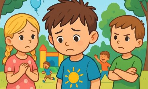 Max, un garçon de 6 ans aux cheveux bruns en bataille et portant un t-shirt bleu avec un soleil, se tient au centre de l'image avec un air de tristesse. À côté de lui, Lila, une fille de 6 ans aux cheveux blonds tressés et en robe rose à pois, le regarde avec compassion. Tom, un autre garçon de 6 ans aux cheveux châtains et en t-shirt vert, se tient en retrait avec une expression déterminée. La scène se déroule dans une cour d'école ensoleillée, entourée d'arbres et de ballons colorés, où des enfants jouent. Max, un peu à l'écart, subit les moqueries d'enfants plus grands, tandis que Lila et Tom tentent de le réconforter, soulignant l'importance de l'amitié.