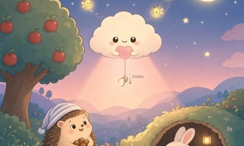 Un petit nuage rond et duveteux blanc crème, aux grands yeux et petit sourire, serre contre lui un cœur rose lumineux qu'il atténue en tournant un petit bouton invisible ; à sa gauche, un hérisson rond brun clair au chapeau rayé tient des noisettes et sourit soulagé, à sa droite un lapin blanc aux grandes oreilles dort apaisé dans un terrier sous le halo doux, des lucioles jaunes miniatures volent en cercle au‑dessus ; le tout dans un verger nocturne pastel (pommier aux pommes rouges, herbe moelleuse, collines en peluche, ciel rose‑bleu avec quelques étoiles rondes et une lune souriante) — scène calme, tendre et légèrement drôle où le nuage crée un halo chaud et rassurant enveloppant les animaux et les lucioles.