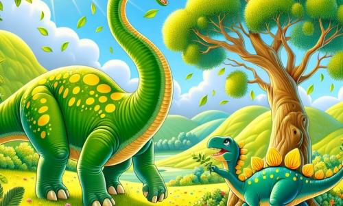 Dimi, un diplodocus majestueux au long cou et à la peau verte tachetée de jaune, exprime sa joie en découvrant un arbre rempli de feuilles délicieuses. À ses côtés, un petit stégosaure coloré et souriant l'aide à chercher des feuilles, affichant un air enthousiaste. La scène se déroule dans une vallée verdoyante, baignée de lumière dorée, avec des collines douces, des fleurs colorées et un ciel bleu. Dimi et le stégosaure célèbrent leur découverte en jouant sous l'arbre, entourés de feuilles tombant doucement, créant une atmosphère joyeuse.