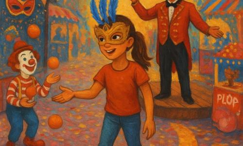 Une fillette de 12 ans, joyeuse et curieuse, masque en carton doré orné de trois plumes bleues tremblantes, queue de cheval châtain et baskets un peu usées, sourit en tendant la main vers trois chemins lumineux du carnaval ; derrière elle, sur une scène en bois, un homme très grand d’environ 50 ans à moustache en croissant, vêtu comme un chef d’orchestre rouge et or, lève sa baguette, tandis qu’à gauche un clown d’environ 30 ans au maquillage blanc et rouge et costume rayé jongle avec des oranges (une en l’air, une qui roule près de ses pieds) ; la place pavée est couverte de confettis roses et dorés, guirlandes multicolores entre balcons, lanternes suspendues, stands sucrés avec une fontaine de chocolat à droite et un atelier de masques illuminé à gauche ; elle hésite entre un couloir de lanternes, un tunnel de tissus brillants animé par une fanfare et une allée de stands sucrés — ambiance festive, couleurs saturées, textures de peinture épaisse et lumière chaude de fin de matinée.