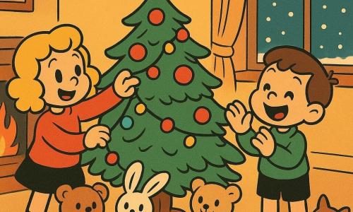 Léa, une fillette de 5 ans avec des cheveux blonds bouclés et un pull rouge, accroche une guirlande colorée sur le sapin de Noël à gauche. Milo, un garçon de 3 ans avec des cheveux bruns courts et un pull vert, applaudit joyeusement à droite du sapin. Le salon est chaleureux avec un grand sapin décoré de boules rouges et d'une étoile dorée au sommet, illuminé par des lumières scintillantes. Par la grande fenêtre, on voit la neige tomber doucement. Léa et Milo décorent ensemble le sapin, entourés de peluches souriantes, leurs visages illuminés de joie et d'émerveillement, capturant l'esprit festif de Noël.