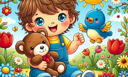 Un petit garçon de 1 an, avec des cheveux bruns en désordre et de grands yeux pétillants, est assis dans un jardin ensoleillé. Il porte une salopette bleue et un t-shirt jaune, souriant joyeusement en tenant son ours en peluche, Nino, qui a un nœud rouge. Un petit oiseau bleu chante sur une branche, ajoutant une touche de magie. Le jardin est rempli de fleurs colorées qui dansent sous la brise, et un grand soleil brille dans un ciel bleu clair. Léo et Nino dansent autour des fleurs, célébrant l'amitié et la beauté de la nature.