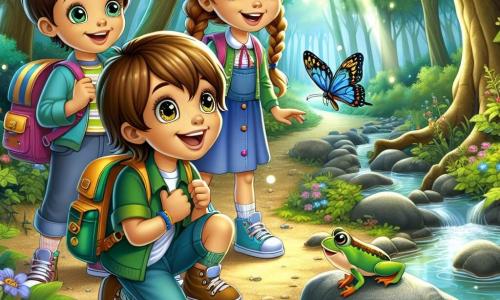 Dans une forêt enchantée, trois amis, Léon, Lisa et Max, profitent d'un moment ensemble. Léon, 8 ans, sourit avec son sac à dos coloré. Lisa, 7 ans, admire un papillon bleu et jaune, tandis que Max, également 8 ans, observe des grenouilles près d'un ruisseau. La forêt est luxuriante, avec de grands arbres et des fleurs colorées, et un ruisseau ajoute à la magie du lieu. Ils font une pause pour déguster des biscuits, riant et partageant des histoires, illustrant la beauté de leur amitié et de l'aventure dans la nature.