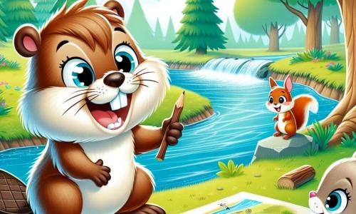 Marcel le castor, un jeune animal aux grandes dents et à la fourrure brune, se tient joyeusement au bord d'un ruisseau, dessinant un schéma dans le sol avec une brindille pour expliquer l'importance des rivières à ses amis. Lila la lapine, avec ses grandes oreilles blanches, l'observe avec admiration, tandis que Théo l'écureuil, perché sur une branche, est prêt à applaudir. La scène se déroule dans une clairière ensoleillée, entourée d'arbres majestueux et de fleurs colorées, où Marcel transforme une leçon sur les rivières en une aventure captivante, mêlant amitié et apprentissage.