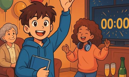 Un garçon de 12 ans, Lino, aux cheveux bruns en désordre et aux yeux curieux, se tient au centre de la scène, souriant, prêt à souhaiter la bonne année. Il porte un sweat bleu et un jean, tenant un carnet bleu dans une main et levant l'autre pour saluer. À ses côtés, sa cousine Zoé, 11 ans, avec des cheveux bouclés et un sweat oversize, danse joyeusement. Plus loin, sa grand-mère souriante, avec des cheveux gris, l'observe avec fierté. Le salon est chaleureux, décoré de guirlandes lumineuses et de ballons, avec une table remplie de plats festifs. La télévision diffuse un compte à rebours pour le Nouvel An, ajoutant une ambiance festive. Lino, entouré de sa famille et amis, lève la main pour souhaiter la bonne année, tandis que des rires remplissent l'air, créant une atmosphère joyeuse.