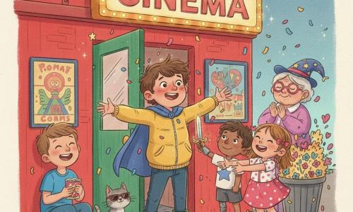 Mathis, garçon souriant et un peu embarrassé, cheveux bruns en bataille, veste jaune, bottes vertes en caoutchouc et cape rayée qui miaule, se tient devant la porte d'un petit cinéma rouge, bras écartés, visage rougi et yeux pétillants ; à sa droite une fillette de 6–7 ans aux rubans roses et robe à pois rit en tendant la main pleine de confettis, à sa gauche un garçon de 8–9 ans en t‑shirt bleu, cheveux courts, assis sur un marchepied en riant et tenant un paquet de bonbons ; derrière eux une mamie souriante de 70 ans, lunettes roses et chapeau étoilé, applaudit doucement ; près de l'entrée un petit garçon de 5–6 ans avec une prothèse de bras imaginée comme une épée magique lève le bras pour l'inviter à jouer ; un chat gris en lunettes de soleil est posé sur le tapis d'entrée, relax et observateur. Devant le cinéma une grande enseigne 
