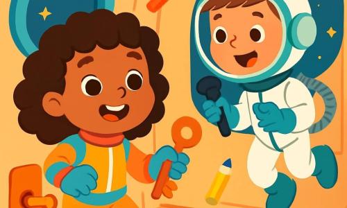 Une jeune astronaute, Capitaine Zoé, a des cheveux bouclés et des yeux pétillants. Elle porte une combinaison spatiale brillante et sourit en tenant une clé orange. À côté d'elle, Sam, un garçon d'environ 8 ans avec des cheveux courts et un casque d'astronaute, flotte dans l'espace, tenant un micro et souriant. La scène se déroule à l'intérieur d'un vaisseau spatial aux murs et fenêtres arrondis, éclairé par des étoiles scintillantes, avec des crayons de couleur flottant autour. Zoé ouvre une trappe avec la clé orange, son visage rayonnant d'excitation, tandis que Sam l'encourage, créant une atmosphère de camaraderie et d'aventure.