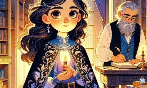 Irène, une jeune femme aux cheveux longs et ondulés, porte un manteau bleu nuit brodé de fils d'argent et se tient au centre de la scène, son visage exprimant une détermination douce. Elle tient une petite flamme dans sa main, illuminant son visage. À ses côtés, Alexios, un jeune homme d'environ 20 ans aux cheveux bruns coupés court, brandit une épée scintillante en position de défense, prêt à protéger Irène. En arrière-plan, Théophane, un vieil homme sage d'environ 60 ans, feuillette un grand livre ancien près d'une table en bois ornée de parchemins. La scène se déroule dans la majestueuse bibliothèque de Sainte-Sophie, avec des murs ornés de fresques dorées et des rayonnages de livres. Irène, entourée de guerriers et d'esprits, fait face à des ombres menaçantes, tandis que la flamme qu'elle tient symbolise l'espoir et l'équilibre entre le monde humain et le monde magique.