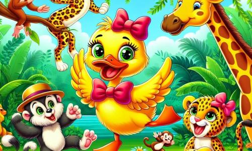 Un canard joyeux au plumage jaune éclatant et nœud papillon rouge saute dans une jungle verdoyante. Son regard pétillant et son large sourire montrent son enthousiasme. À côté, un léopard espiègle en tutu rose fait des pirouettes en riant. Un singe malicieux avec un chapeau melon grimpe à une branche, tandis qu'une girafe élégante avec un grand chapeau de paille se penche pour les observer. La jungle luxuriante est remplie de feuillages verts, de fleurs colorées et de lianes suspendues. Au centre, les amis s'amusent à jouer au cache-cache, entourés de rires et de couleurs vives, créant une atmosphère joyeuse et ludique.