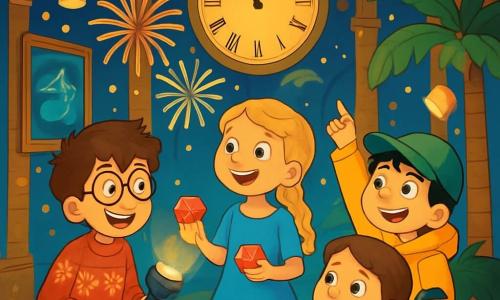 Quatre enfants se trouvent dans le manoir de M. Mystério : Paul, 10 ans, avec des lunettes rondes et un pull rouge, tient une lampe de poche magique ; Léa, 9 ans, avec des cheveux blonds tressés et une robe bleue scintillante, regarde l'horloge ; Max, 10 ans, avec des cheveux noirs en désordre et une casquette verte, porte un manteau jaune vif et montre une gemme accrochée à un palmier ; Zoé, 9 ans, en fauteuil roulant décoré, sourit en observant les décorations. La salle des illusions, circulaire et ornée de lanternes flottantes, crée une ambiance festive avec des confettis dorés. Ils sont réunis autour d'une table, tenant des gemmes colorées, alors que l'horloge sonne minuit, entourés de feux d'artifice miniatures, leurs visages illuminés de joie pour le Nouvel An.