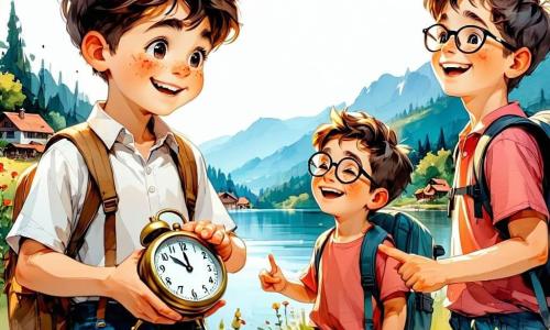 Dans le village coloré de Bonnebulle, quatre garçons de six ans se retrouvent : Théo, avec des cheveux bruns et un sourire éclatant, tient un réveil à moustaches ; Max, avec des lunettes rondes et des taches de rousseur, rit en pointant le lac ; Léo, aux cheveux blonds et aux yeux pétillants, danse sur la berge ; et Hugo, avec des cheveux noirs et une casquette rouge, fait des grimaces devant un miroir à moustaches. Le lac scintille sous le soleil, entouré de fleurs et d'arbres. Les amis dansent et rient ensemble, le réveil et le miroir ajoutant à l'ambiance joyeuse.