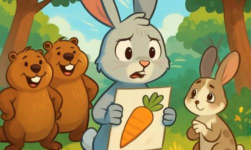 Léo, un jeune lapin gris clair aux grandes oreilles et aux yeux curieux, se tient au centre d'une clairière ensoleillée, nerveux mais déterminé, tenant un dessin de carotte géante. À ses côtés, des castors souriants l'encouragent, tandis qu'une petite lapine l'observe avec admiration et inquiétude. La lumière du soleil filtre à travers les arbres, créant une ambiance de tension alors que Léo se prépare à avouer son mensonge sur la carotte géante.