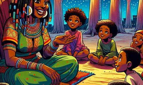 Adama, femme sage d'une cinquantaine d'années, a la peau brun chaleureux et des cheveux noirs tressés ornés de perles colorées. Elle sourit avec bienveillance, ses yeux pétillants de sagesse et de joie, tout en racontant une histoire captivante aux enfants rassemblés autour d'elle. Parmi eux, Amina, dix ans, aux cheveux bouclés et yeux curieux, écoute attentivement, tandis que Malik, huit ans, au sourire espiègle et aux taches de rousseur, est captivé par le récit. La scène se déroule sur une terrasse en terre battue, entourée de baobabs majestueux, sous un ciel étoilé. Adama raconte l'histoire de Sanou, le guérisseur des arbres, alors qu'un léger vent fait frémir les feuilles, ajoutant mystère à la narration. Les enfants, émerveillés, imaginent déjà les aventures de Sanou dans la forêt enchantée.