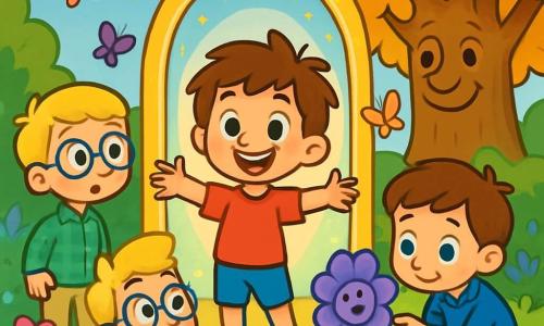Il y a trois personnages : Léo, un garçon de 7 ans aux cheveux bruns en bataille et aux yeux pétillants, portant un t-shirt rouge et un short bleu, souriant devant un portail magique ; Max, un garçon de 6 ans avec des cheveux blonds et des lunettes rondes, vêtu d'une chemise à carreaux verte et d'un pantalon beige, observant le jardin enchanté avec émerveillement ; et Tom, un garçon de 7 ans aux cheveux châtains, en sweat-shirt bleu et jean, accroupi près du portail en touchant une fleur colorée. L'histoire se déroule dans un jardin enchanté rempli de fleurs vives et d'arbres majestueux. Les garçons découvrent le jardin magique : Léo s'approche du portail, Max admire les fleurs qui parlent, et Tom touche une fleur, tandis qu'un grand chêne souriant les observe.