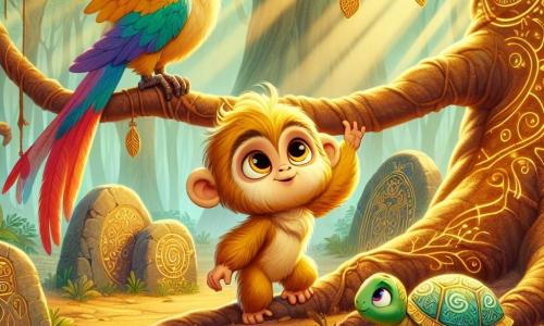 Au centre de la scène, Lila, une guenon au pelage doré et aux grands yeux curieux, se tient sur une branche, émerveillée et déterminée. Elle tend une patte vers un majestueux chêne entouré de pierres gravées de symboles mystérieux. À ses côtés, Milo, un perroquet coloré, est perché au-dessus d'elle, enthousiaste et prêt à l'aider. Plus bas, Tika, une tortue sage, lève la tête vers ses amis avec un regard apaisant, prête à partager sa sagesse. La scène se déroule dans une clairière enchantée, baignée de lumière dorée, où les rayons du soleil créent des motifs lumineux. Lila et ses amis découvrent l'énigme gravée dans la terre, un moment clé de leur aventure pour percer le mystère et trouver le trésor caché de la forêt des murmures.