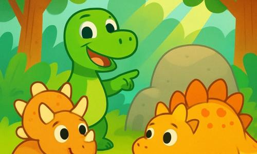 Un jeune Tyrannosaure Rex nommé Tino, avec une peau verte et des yeux curieux, se tient debout sur ses pattes arrière avec un grand sourire. À côté de lui, son ami Rex, un tricératops beige aux cornes majestueuses, regarde avec enthousiasme. En arrière-plan, une forêt luxuriante avec des arbres géants et des fleurs colorées crée une ambiance magique. La scène montre Tino et Rex aidant une stégosaure nommée Stella, perdue, en pointant un gros rocher familier, tandis qu'un rayon de soleil filtre à travers les branches.