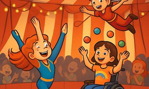 Trois personnages se distinguent : Clara, une fille de 10 ans aux cheveux roux, souriante et en costume d'acrobate bleu et or, réalise une pirouette. Zoé, une fille de 9 ans en fauteuil roulant, avec des cheveux bruns, jongle avec des balles multicolores, rayonnante. Marco, un garçon de 11 ans aux cheveux bouclés en costume d'acrobate rouge, effectue un saut d'un trapèze. La scène se déroule dans une grande tente de cirque à rayures rouges et blanches, décorée de guirlandes lumineuses, avec un sol en paille et des tapis colorés, entourée de spectateurs applaudissant. Clara exécute une acrobatie, tandis que Zoé jongle et Marco effectue un saut périlleux, créant une atmosphère joyeuse et festive.