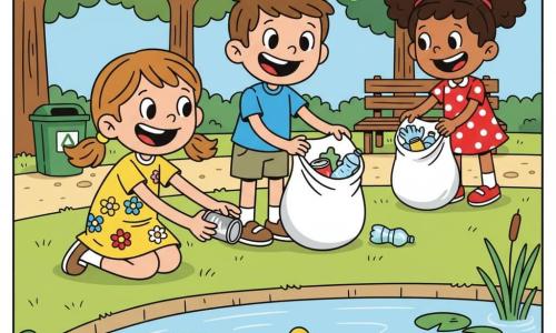 Trois enfants d'environ 4 ans nettoient un parc au bord d'un petit lac: une fille châtain clair en couettes et robe jaune ramasse une canette brillante, un garçon brun (Max) en tee-shirt bleu tient un sac poubelle blanc à moitié plein, et une fille aux cheveux bouclés noirs (Clara) en robe rouge à pois récupère un plastique près d'un banc; le lac est calme avec nénuphars et deux canards, autour pelouse, arbres stylisés, sentier, banc et poubelle; ambiance joyeuse, sacs remplis de déchets colorés, palette vive et style rubber hose.