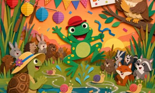 Léon, une grenouille vert émeraude à taches jaunes, ventre rond et grandes pattes, coiffée d’un chapeau melon rouge, sourit malicieusement en sautant joyeusement au-dessus de feuilles en éclaboussant et tenant un petit ruban bleu ; à gauche, Camille la tortue au dos brun à motifs géométriques, chapeau trop grand, sourit calmement assise sur un nénuphar en regardant Léon et applaudissant ; plusieurs petits escargots luisants ondulent en arrière-plan en traînées scintillantes autour de Léon ; une chouette animatrice beige et brune, perchée sur une branche à droite, applaudit en brandissant un panneau "Bravo !"; le tout se déroule dans un grand champ d’herbe au bord d’un étang à nénuphars, décoré de guirlandes et lampions, confettis et ciel de coucher de soleil orange et rose — fête villageoise animée où Léon exécute sa "danse des escargots sautillants", gestes exagérés, foule d’animaux riant et applaudissant, couleurs vives, contours nets et texture papier visible.