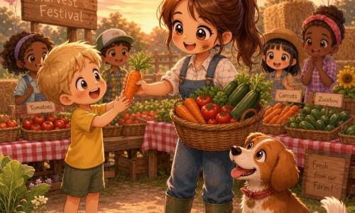 Femme agricultrice rayonnante en salopette en denim et bottes en caoutchouc, cheveux en queue de cheval, tient un grand panier d'osier rempli de carottes, tomates et courgettes et tend une carotte à un garçon d'environ 8 ans, blond, en t-shirt jaune, qui sourit à gauche d'elle ; un vieux chien roux tacheté est assis près de ses bottes; en arrière-plan une table en bois garnie de paniers de légumes et nappes à carreaux, guirlandes, ballons et ballots de paille; chemin de terre bordé de rangées de légumes et fleurs sauvages sous un ciel crépusculaire rose-orange, ambiance chaleureuse de fête des récoltes.