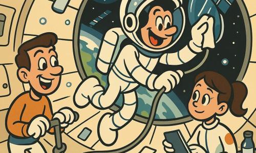 Paul, souriant et émerveillé, flotte en combinaison spatiale blanche aux coutures bleues, suspendu au câble de sécurité et nettoyant un grand hublot réfléchissant la Terre; derrière lui à gauche, Lucas (≈30 ans, cheveux courts bruns, visage rieur) tient la manette d’un bras robotique, à droite Emma (≈28 ans, queue de cheval, regard concentré) flotte près d’un petit jardin hydroponique en tenant un carnet; l’intérieur rond de la station aux cloisons crème, câbles et panneaux solaires visibles à l’extérieur, petites bulles et objets flottants, lumière solaire vive, couleurs vives (blancs, bleus, verts, touches d’orange) et contours souples dans un style rubber hose.
