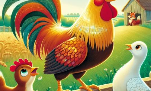 Un coq nommé Roger, avec un plumage doré et des yeux déterminés, se tient sur une barrière en bois, chantant « Cocorico ! » avec courage. À ses côtés, une poule nommée Margot, aux plumes brunes, l'encourage en levant une aile, tandis qu'une oie aux plumes blanches se tient en arrière-plan, prête à défendre la basse-cour. La scène se déroule dans un champ verdoyant, sous la lumière dorée du matin, avec des champs de blé et un ciel bleu parsemé de nuages. Roger et ses amis se préparent à affronter un renard rusé, créant une atmosphère de tension et de camaraderie pour protéger leur ferme.