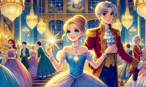 Cendrillon, une jeune fille d'environ 16 ans, se tient au centre de la scène dans une robe bleu ciel ornée de paillettes. Son visage exprime émerveillement et détermination, et elle porte un collier d'étoiles qui illumine son visage. À ses côtés, le prince, âgé d'environ 18 ans, en costume royal rouge, la regarde avec admiration. En arrière-plan, la marraine la fée, avec des cheveux argentés, lève sa baguette magique. Le décor est un palais somptueux avec des lustres en cristal et des fresques colorées, créant une atmosphère magique. Cendrillon et le prince dansent gracieusement, unis face à l'adversité qui menace leur royaume.