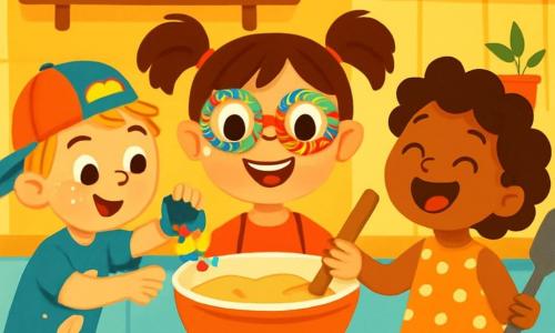 Trois personnages sont présents : Lucie, une fille de 6 ans avec des lunettes à paillettes, des cheveux bruns en couettes et un grand sourire, tenant un bol de pâte à gâteau ; Pablo, un garçon de 6 ans avec une casquette à l’envers et des taches de farine sur son t-shirt, versant des bonbons dans le bol de Lucie ; et Zoé, une fille de 6 ans avec des cheveux bouclés et une robe à pois, riant et tenant une spatule géante. La scène se déroule dans une cuisine lumineuse aux murs jaunes, remplie d'ingrédients éparpillés. Les amis s'amusent à créer un gâteau drôle, avec de la farine et des bonbons volants, dans une ambiance joyeuse.