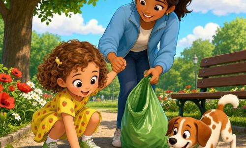 Une fillette de 4 ans, joyeuse et déterminée, cheveux châtain clair en petites boucles, robe jaune à motifs fraise, chaussettes blanches et petites baskets vertes, s'accroupit pour ramasser une canette argentée qu'elle pose dans un sac poubelle vert tenu par sa mère d'environ 32 ans, cheveux bruns en queue de cheval, veste bleu ciel, qui sourit fièrement derrière elle ; un petit chien mâle roux tacheté de blanc remue la queue près d'un banc en bois à droite, le tout dans un parc ensoleillé du matin avec pelouse verte, grand arbre à gauche, massifs de coquelicots et pâquerettes, allée de gravier clair, lumière chaude et ambiance propre et optimiste.
