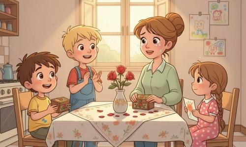 Quatre personnages dans une cuisine lumineuse de village : Hugo, presque 6 ans, cheveux bruns en bataille, t-shirt jaune avec une tache de peinture, tient une petite boîte en bois décorée de fleurs à gauche de la table en souriant vers sa maman ; Max, 6 ans, cheveux blonds courts en salopette bleue avec taches de boue aux genoux, se tient derrière Hugo en applaudissant ; Léa, 6 ans, cheveux longs tressés, robe rose à pois blancs, à droite de Hugo, tient un dessin coloré et regarde la maman avec fierté ; la maman, 30–35 ans, cheveux châtain clair en chignon, chemisier vert pâle, est assise au centre, mains sur la boîte, visage ému avec larmes de joie. Décor : murs crème, carrelage clair, table en bois clair nappée de fleurs, vase simple avec quelques roses et pétales éparpillés, rayon de soleil par une fenêtre ouverte, dessins d’enfants au mur. Situation : les enfants offrent au petit‑déjeuner une boîte remplie de petits cadeaux et de fleurs ; ambiance chaleureuse et joyeuse, expressions exagérées et couleurs saturées façon dessin animé des années 90.