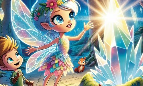 Une petite fée nommée Étoile, avec des ailes transparentes et des cheveux bleus, affiche une grande détermination. Elle porte une robe de pétales de fleurs et se tient devant un grand cristal lumineux, tendant la main vers lui avec espoir. À ses côtés, Léo, un garçon de 8 ans aux yeux brillants et cheveux dorés, admire le cristal. Un écureuil nommé Choupinou est sur son épaule, observant la scène. L'action se déroule dans une pièce mystérieuse au sein de ruines anciennes, entourée de pierres couvertes de mousse et de cristaux brillants, créant une atmosphère magique. Étoile et Léo se préparent à utiliser le cristal de lumière pour repousser un nuage sombre menaçant, unis dans leur quête pour sauver la forêt enchantée.