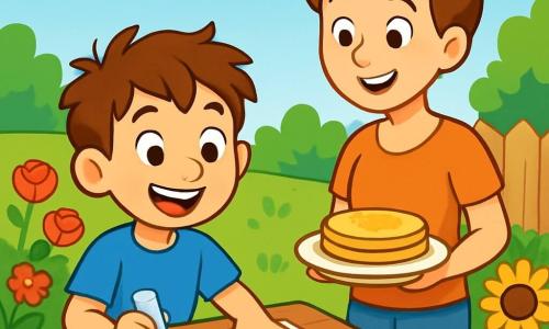 Un garçon de 8 ans, Hugo, avec des cheveux bruns en bataille et des yeux pétillants, est assis à une table en bois dans son jardin ensoleillé. Il porte un t-shirt bleu et un short jaune, collant des feuilles et des fleurs colorées sur une grande feuille blanche, avec un grand sourire. Sa maman, une femme d'une trentaine d'années avec des cheveux châtains en chignon, l'observe avec fierté, tenant une assiette de crêpes. Le jardin est verdoyant, rempli de fleurs aux couleurs vives, sous un ciel bleu clair avec quelques nuages. Hugo crée une œuvre d'art avec des éléments naturels, tandis que sa maman l'encourage, créant une atmosphère joyeuse.