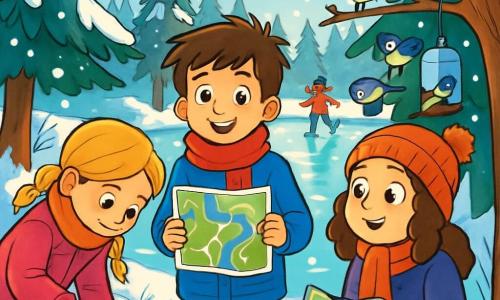 Trois personnages sont présents : Lucas, un garçon de 10 ans avec des cheveux bruns en bataille, un manteau bleu vif et une écharpe rouge, souriant au centre avec une carte du parc ; Clara, une fille de 9 ans aux cheveux blonds tressés, vêtue d'un manteau rose et de gants blancs, penchée à gauche pour examiner des empreintes dans la neige ; et Emma, une fille de 10 ans avec des cheveux châtains bouclés, un manteau violet et un bonnet à pompon, observant des mésanges autour d'une mangeoire improvisée à droite. L'étang gelé est au cœur d'une forêt d’Épicéa, entouré de grands arbres chargés de neige. Les enfants patinent joyeusement sur la glace, laissant des traces, tandis que des oiseaux colorés volent autour, créant une scène hivernale magique.