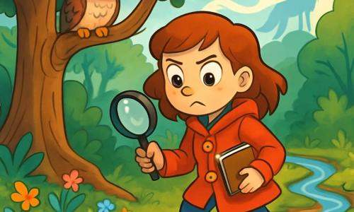 Élise, une fille de 12 ans, se tient au centre de la scène, portant un manteau rouge vif qui contraste avec la verdure. Son visage exprime détermination et curiosité, ses yeux brillants d'excitation. Elle tient une loupe et un carnet, prête à explorer. À proximité, un vieux chêne abrite une chouette, observant Élise avec malice. Le décor est une forêt enchantée, avec des arbres noueux et des feuilles scintillantes. Des fleurs colorées parsèment le sol et un ruisseau serpente à travers les racines. Élise, intriguée par des traces de pattes dans la boue, s'approche prudemment, tandis qu'un hurlement lointain crée une tension palpable.