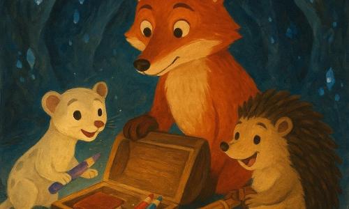 Silex, un renard anthropomorphe au pelage roux aux reflets ocres, museau fin et yeux noisette, pose une patte sur un coffre ancien qu'il ouvre doucement ; à sa gauche, Miette la belette crème tachée de gris, petite et vive, sourit en tenant un crayon violet sorti du coffre ; à sa droite, Brindille le hérisson rond aux piquants bruns, ventre clair et air joyeux, tient une longue-vue en cuivre et regarde les objets ; la scène se situe dans une grotte aux parois couvertes de minuscules cristaux bleus et argentés scintillants, sol en pierre lisse, lumière dorée émanant du coffre avec poussières lumineuses en suspension, révélant des objets simples et colorés (carnet de cuir, crayons, rubans, boussole) dans une atmosphère de découverte douce et collaborative, palette chaude, contrastes doux et textures de gouache visibles.