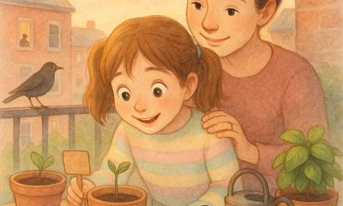 Une fillette de 8 ans, émerveillée, cheveux châtain clair en couettes, pull rayé et jean, se penche sur un petit pot en terre avec une fine tige à deux feuilles, tenant un panneau « Bonjour, les graines » et un carnet à spirale à côté ; sa mère d'environ 35 ans, souriante, cheveux bruns en chignon, se tient derrière elle la main sur l'épaule, sur le balcon trois pots en terre craquelée, terre sombre et humide, un petit pot de basilic, un arrosoir en métal rouillé et une tasse de chocolat sur une table basse ; arrière-plan urbain d'immeubles en briques et toits gris, une fenêtre ouverte, un merle sur la rambarde et la lumière rose-orangée d'un lever de soleil ; ambiance aquarelle aux couleurs douces, lavis pastel, textures papier granuleuses, ombres légères et atmosphère calme, composition centrée sur la fille et la pousse.