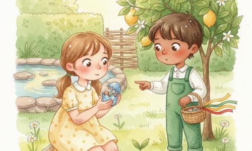 Deux enfants de cinq ans dans un jardin de printemps lumineux : à gauche une fillette aux couettes châtain clair en robe jaune pâle à pois blancs, accroupie, genoux un peu terreux, tenant un petit œuf bleu étoilé ouvert avec émerveillement et montrant des mini-œufs en chocolat ; à droite un garçon aux cheveux bruns courts en salopette verte et baskets rouges, tenant un panier décoré de trois rubans (jaune, vert, rouge) et pointant une graine plantée au pied d’un citronnier à petites feuilles brillantes et fleurs blanches ; herbe parsemée de pâquerettes, bassin aux pierres plates en arrière-plan, haie formant un passage, lumière dorée, ombres douces, palette pastel, ambiance d’émerveillement et de partage, gestes tendres et regards complices, rubans flottant au vent.