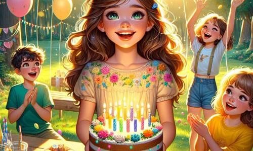 Au centre de l'image, Léa, une fille de 11 ans aux longs cheveux bruns et aux yeux pétillants, sourit en tenant un grand gâteau d'anniversaire décoré de bougies colorées. Elle porte une robe légère à fleurs, et ses joues sont rosies d'excitation. À sa droite, Clara, une fille aux cheveux bouclés et blonds, applaudit avec enthousiasme, vêtue d'un t-shirt jaune et d'un short en jean, entourée de ballons colorés. À gauche, Max, un garçon de 10 ans aux cheveux châtains et lunettes rondes, rit en tenant un gobelet de jus de fruit, portant un t-shirt bleu et un short vert, près d'une table avec des bonbons. Le décor se situe dans un parc verdoyant, baigné par la lumière dorée du soleil couchant, avec des familles s'amusant en arrière-plan. Léa célèbre son anniversaire avec ses amis, entourée de rires et de chants.